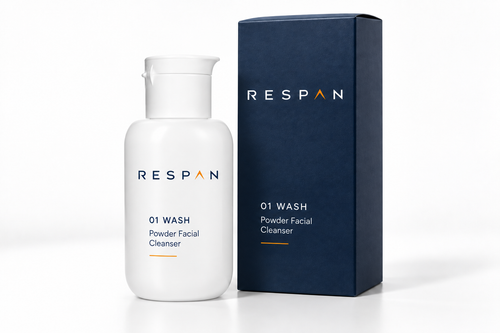 RESPAN 01 WASH Powder Facial Cleanser, white bottle beside its navy carton