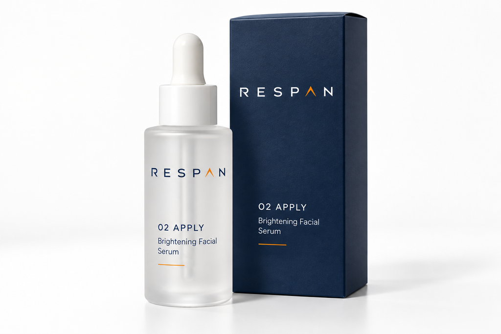 RESPAN 02 APPLY Brightening Facial Serum, frosted glass dropper bottle beside its navy carton