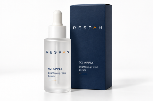 RESPAN 02 APPLY Brightening Facial Serum, frosted glass dropper bottle beside its navy carton
